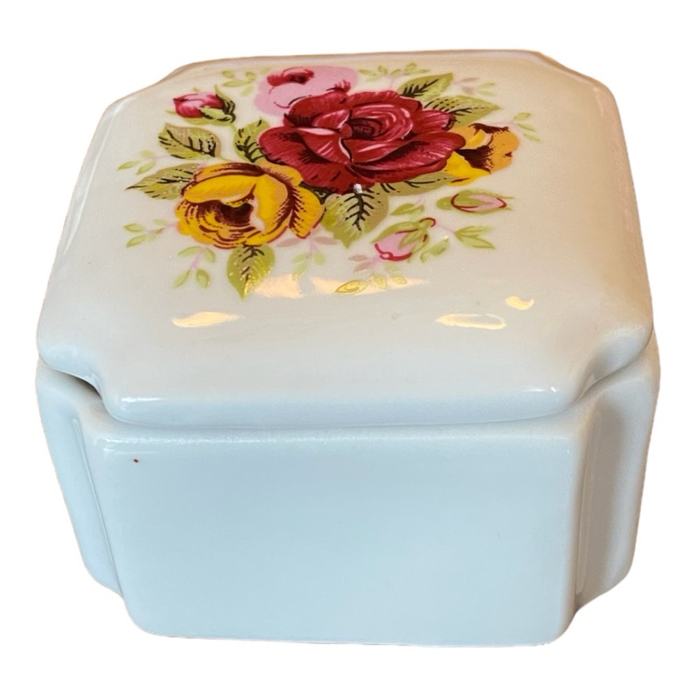 Vintage Floral Porcelain Trinket Box Rose Jewelry Case